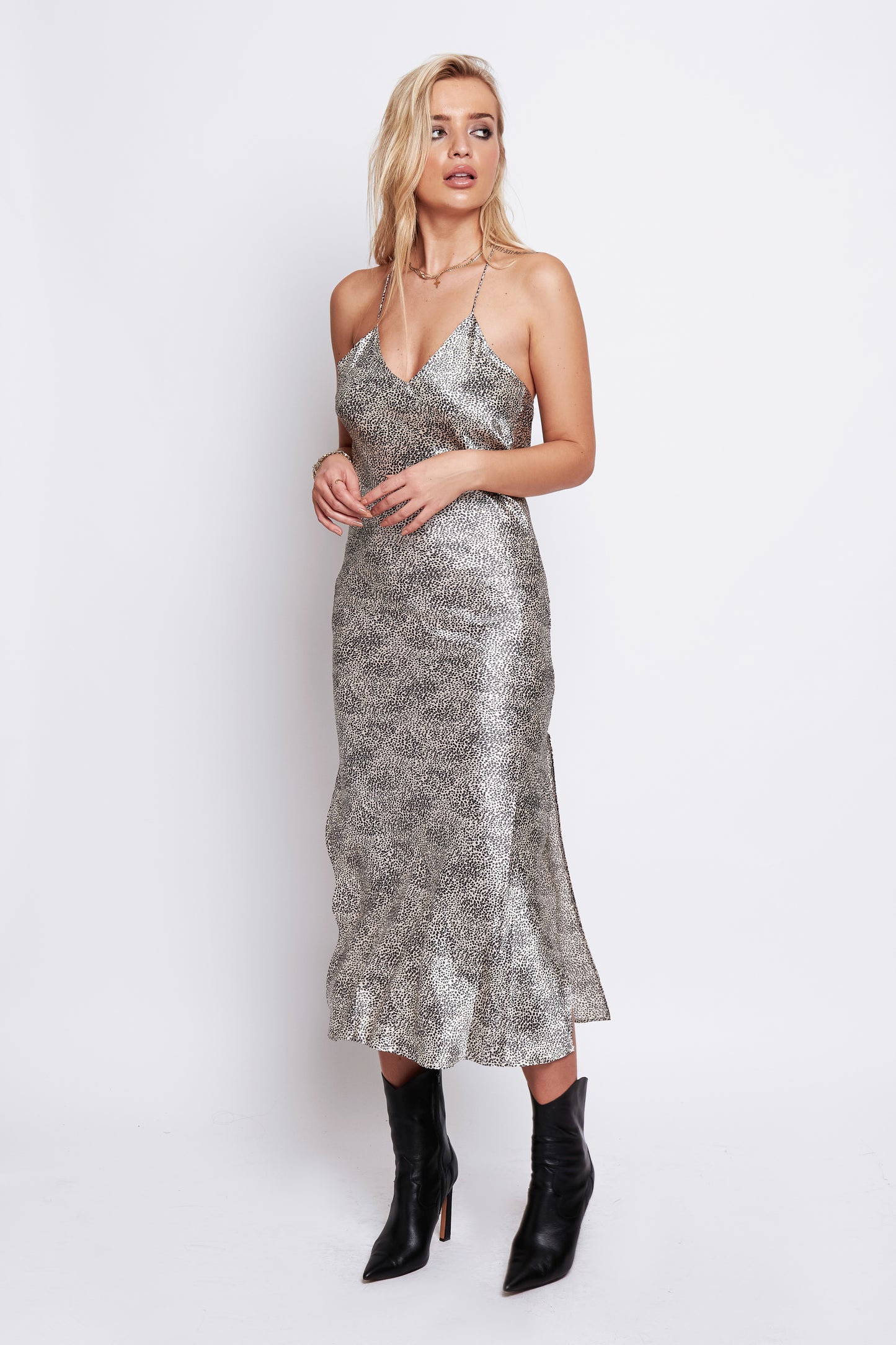 Elva Satin Slip Dress in Leopard