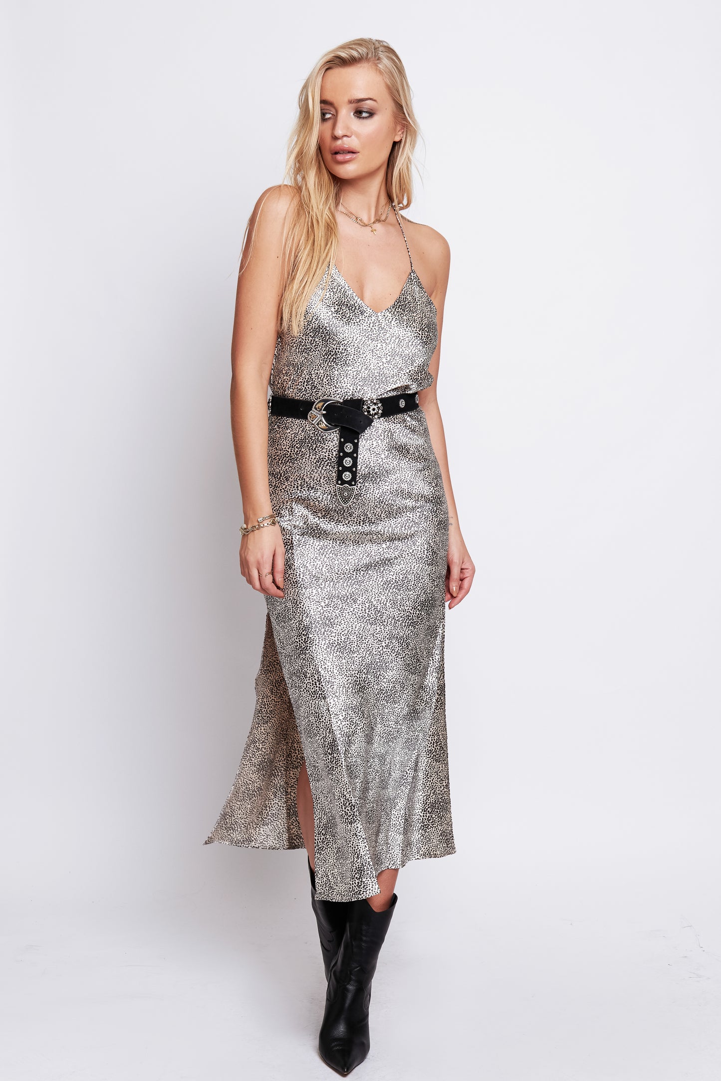 Elva Satin Slip Dress in Leopard