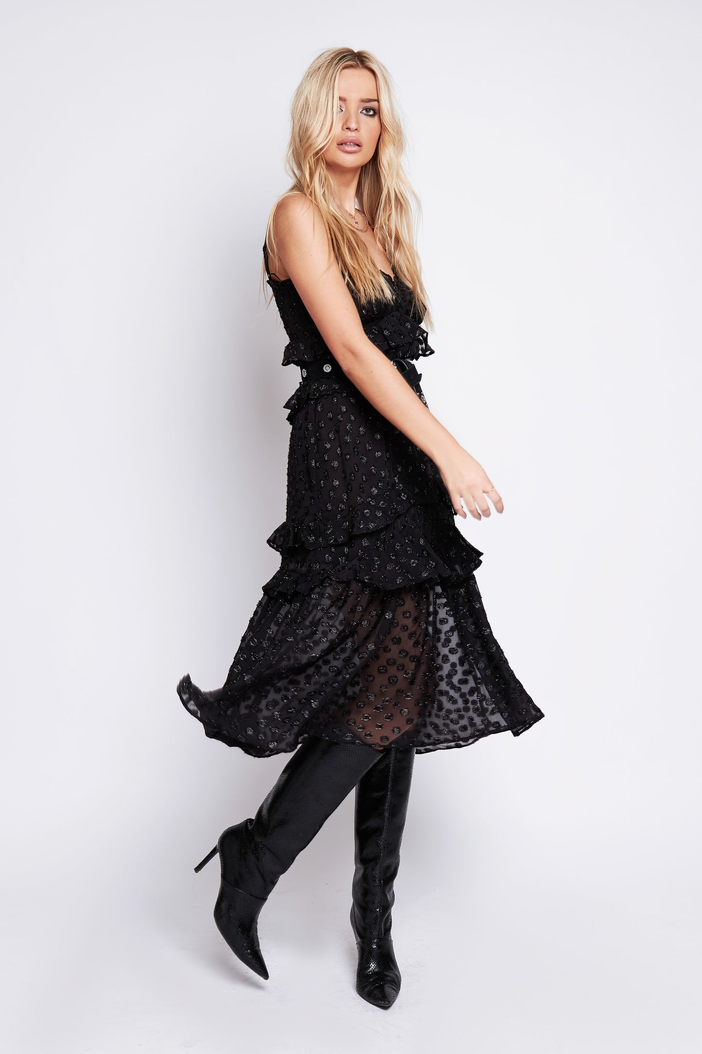 Naomi Tiered Lurex Midi Dress in Black