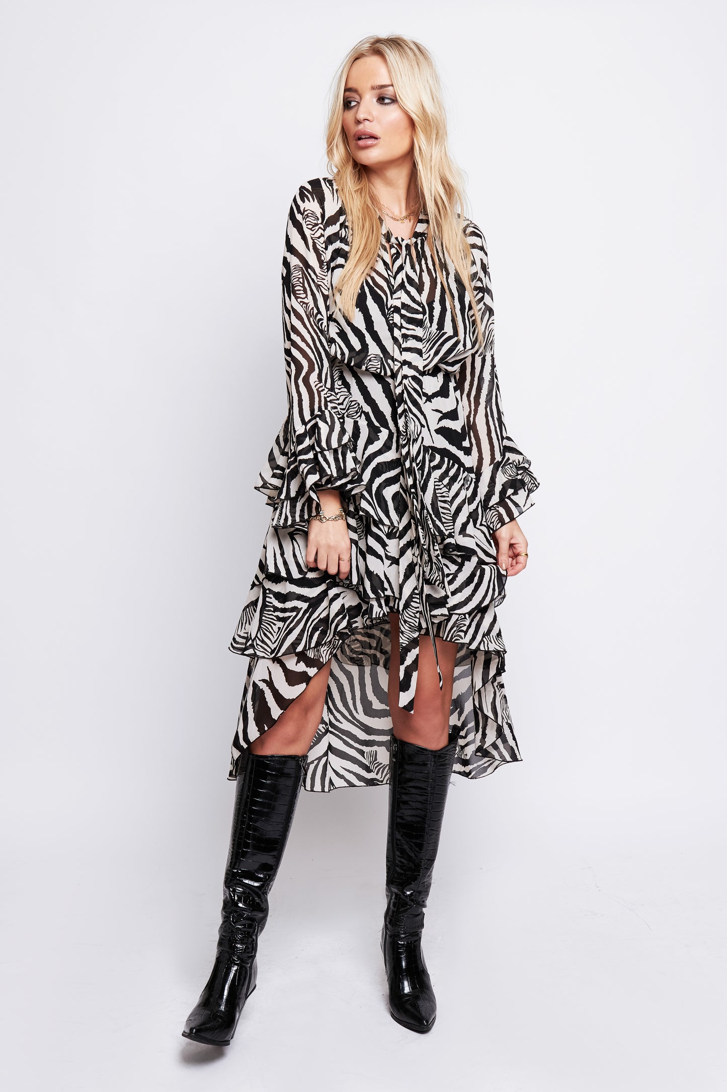 Lou Tiered Midi Dress In Zebra Print