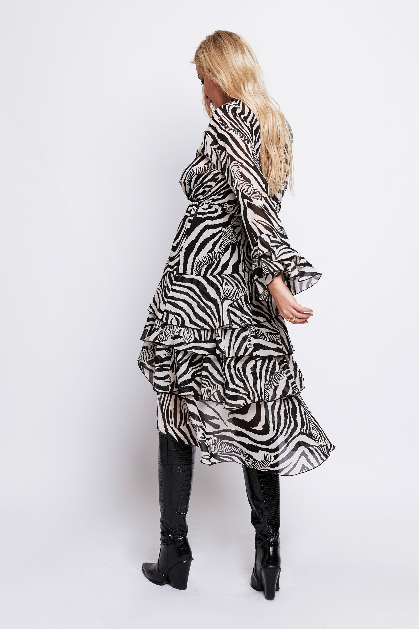 Lou Tiered Midi Dress In Zebra Print